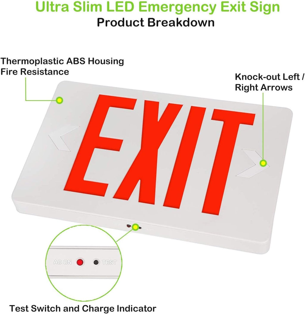 Ultra Slim LED Exit Sign, Red Letter Emergency exit Lights, 120V-277V Universal Mounting Double Face (2-Pack)