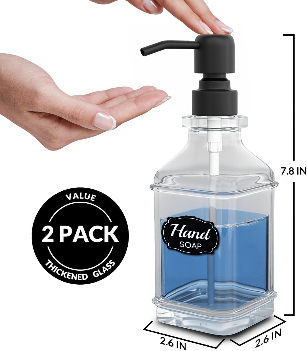 Soap Dispenser - 2 Pack, Antique Design Thick Glass Hand Soap Dispensers with Sturdy Tray; 304 Rust Proof Stainless