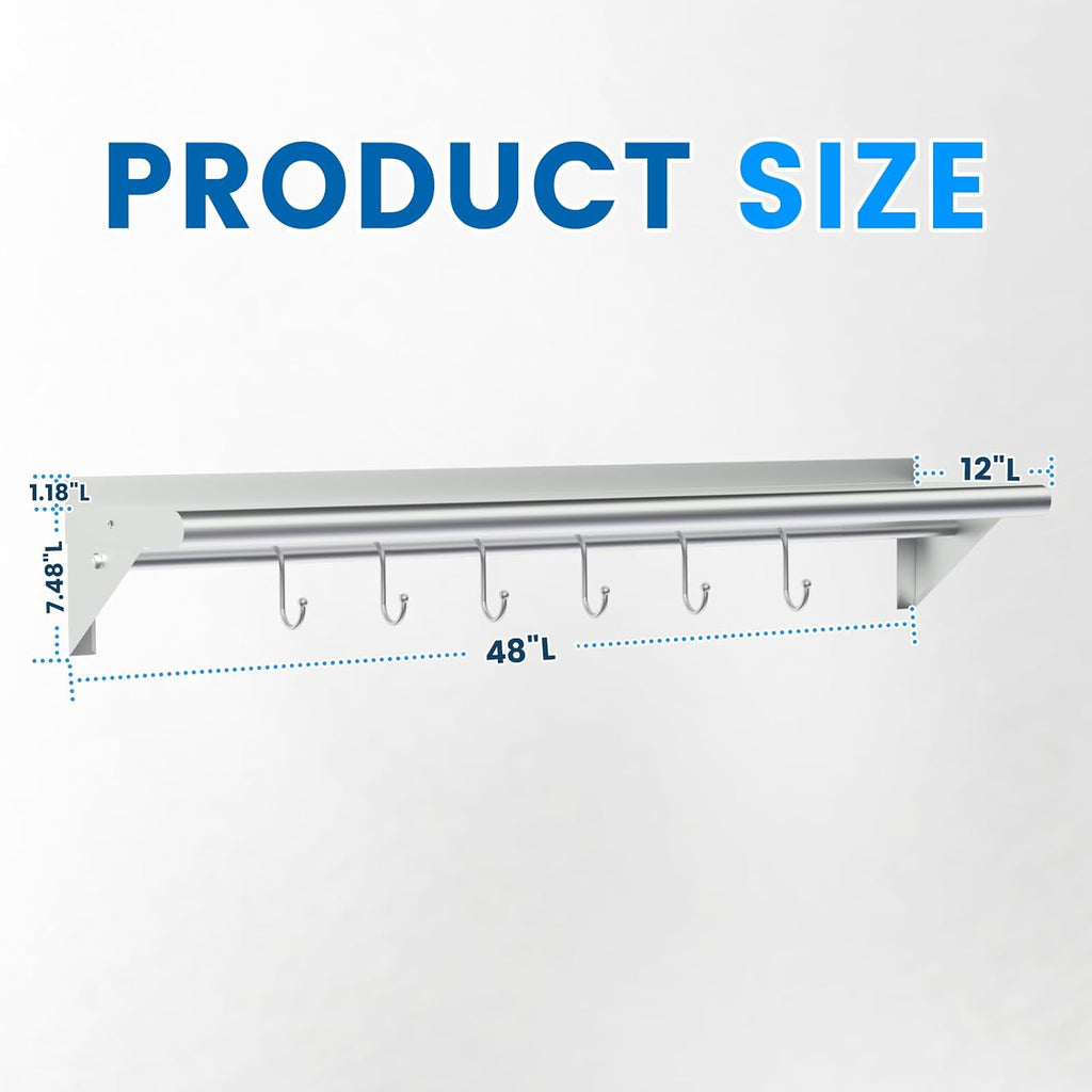Stainless Steel Shelf with 6 Hooks 12" x 48" Commercial Pot Rack