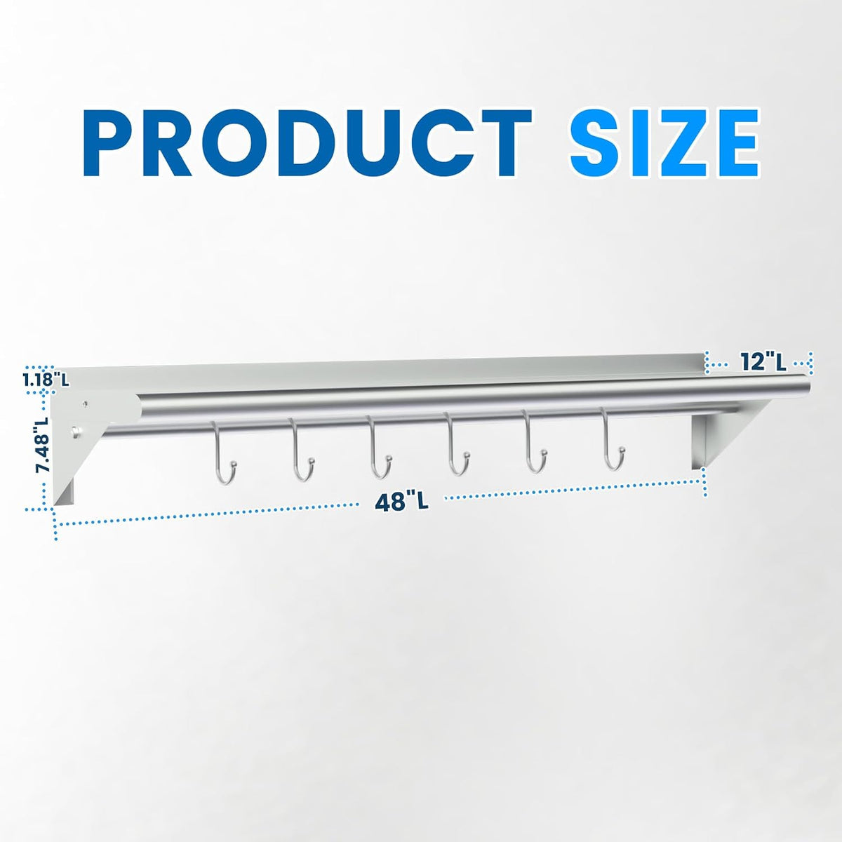 Stainless Steel Shelf with 6 Hooks 12" x 48" Commercial Pot Rack