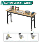 Adjustable Heavy Duty Workbench with Wheels，Rubber Wood Top Working Table, 2500 LBS Load Capacity with for Workshop