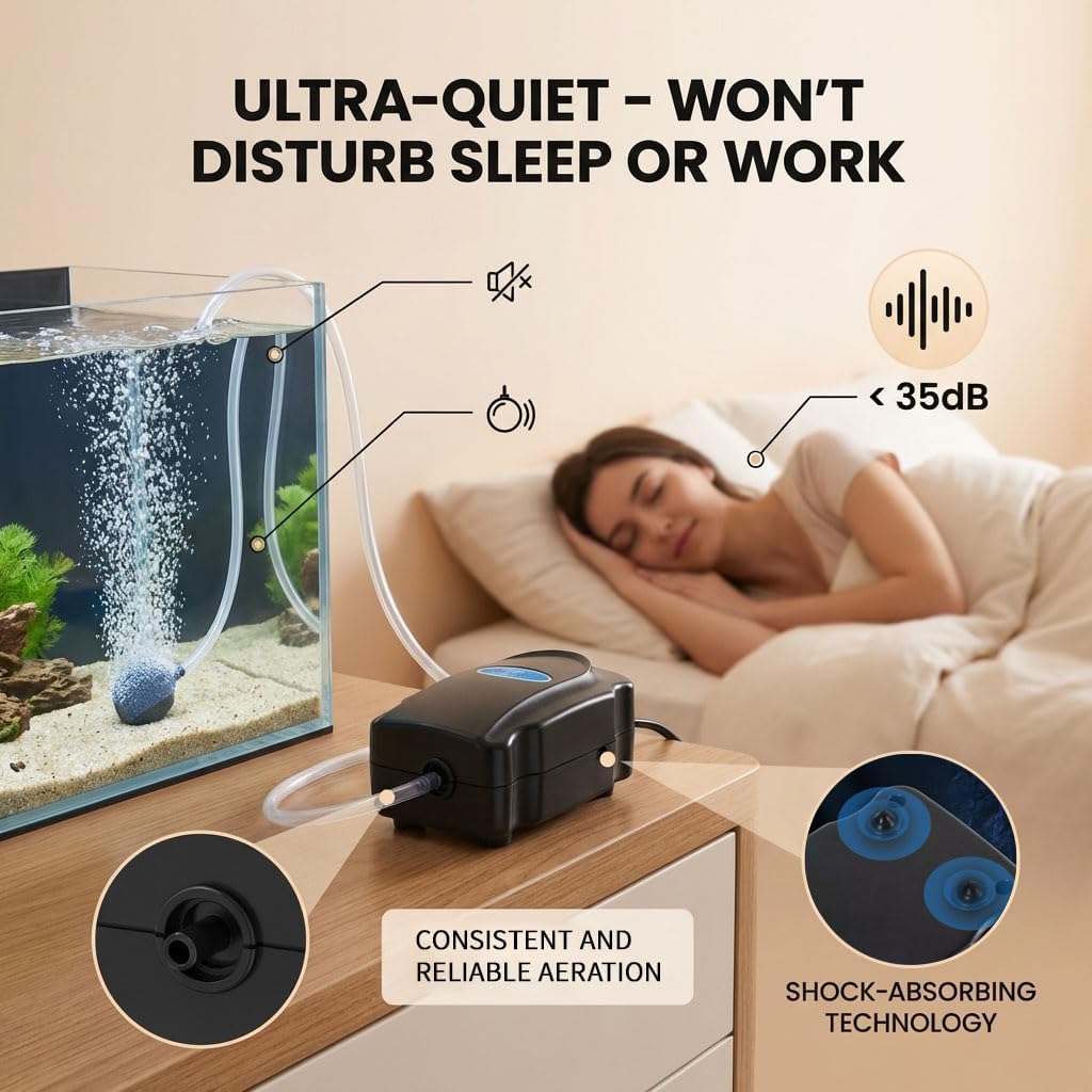 Aquarium Air Pump, Fish Tank Bubbler with Adjustable Airflow & Dual Outlets, Ultra Quiet Energy Saving Fish Tank