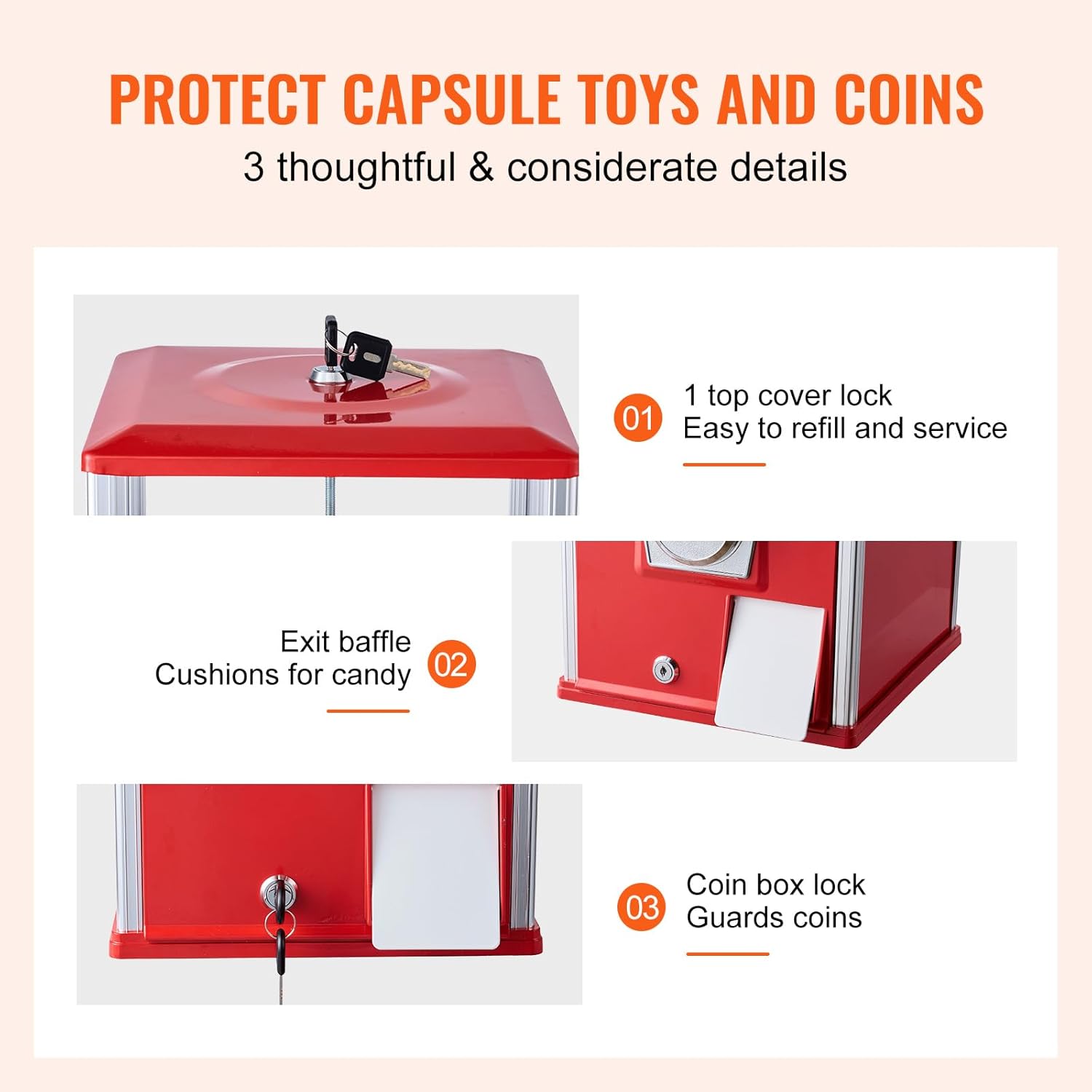 Gumball Machine, 25" Height Home Vending Machine, PS Bouncy Balls Dispenser, Hold 230 Capsule Balls, Rectangle Bubble