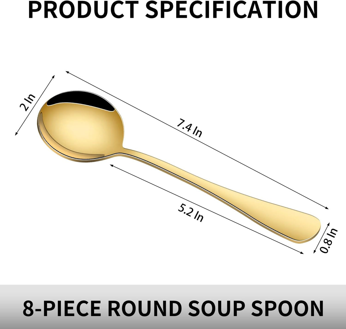 8-Piece Gold Soup Spoons Set, 7.4 Inch Stainless Steel Round Spoon, Mirror Polished Gold Kitchen Silverware Spoons