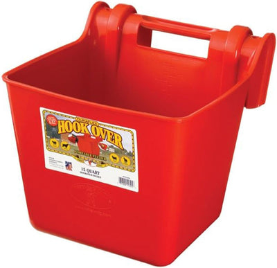 Plastic Hook Over Feeder | Mountable Livestock & Pet Feed Bucket | Horse Feed Bucket | Made in USA | 15 Quarts | Red