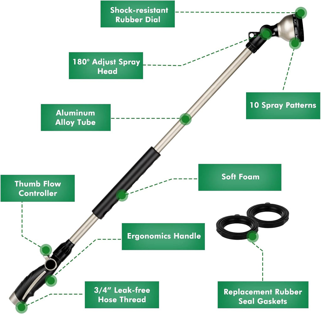 36” Long Watering Wand, Metal Garden Hose Wand with 180° Swivel Head and 10 Spray Patterns, 3ft Heavy Duty Hose