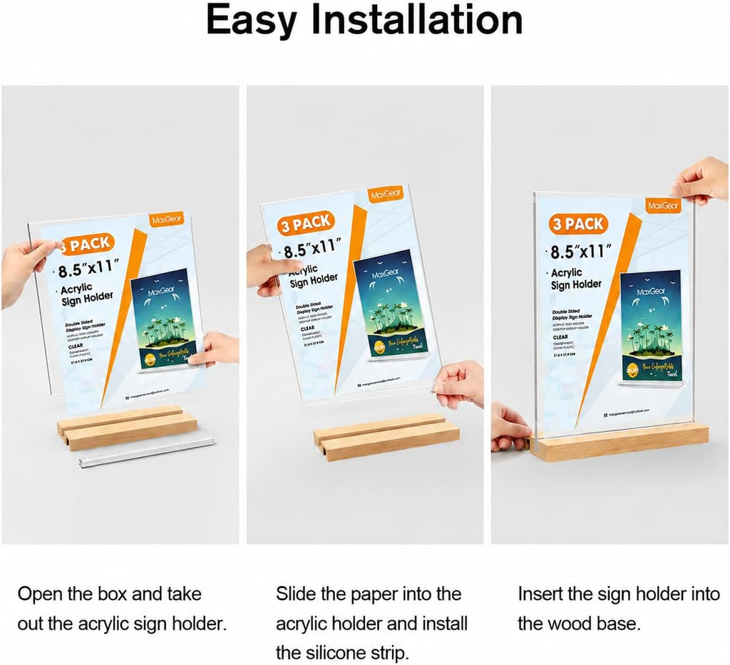 Acrylic Sign Holder with Wood Base 8.5"x11" T/L Display, 3 Pack | Easy Sign Replacement, Clear Acrylic Visibility