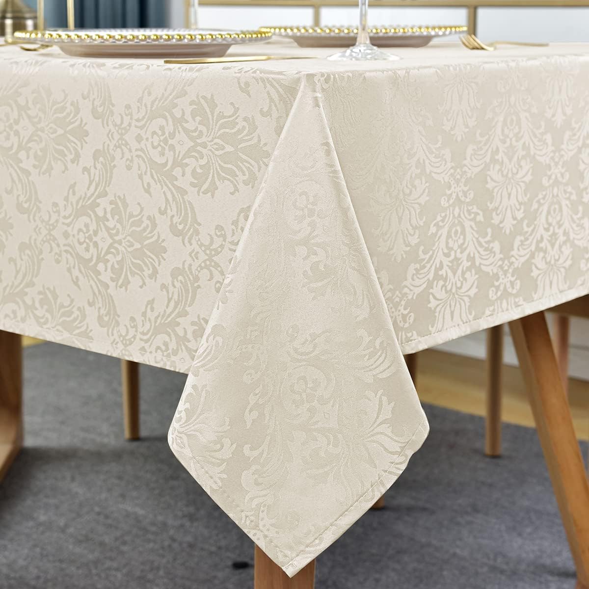 Jacquard Tablecloth Rectangle 60 x 102 Inch Beige Spill Proof