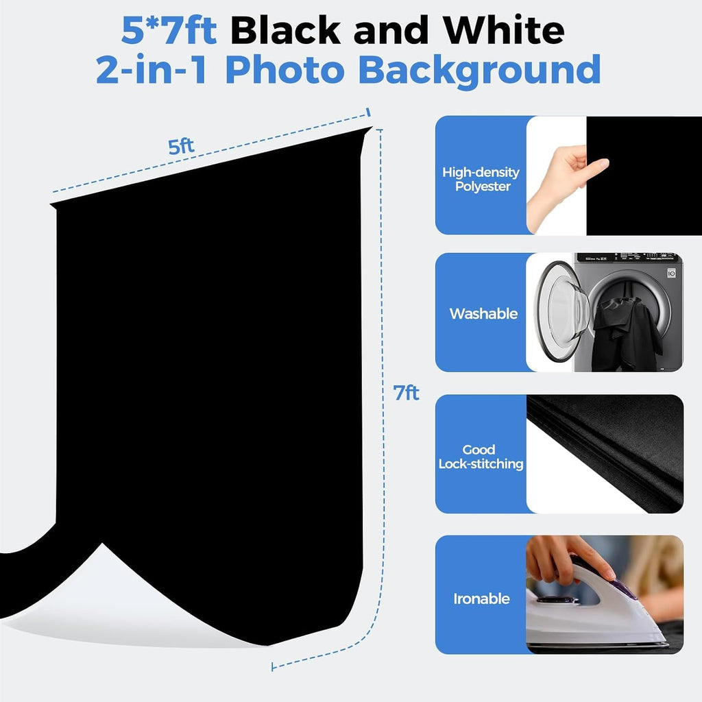 6.5x5ft 2in1 Black&White Photo Backdrop Stand Kit with T-Shape Stand | Reversible 2-in-1 backdrop, black and white