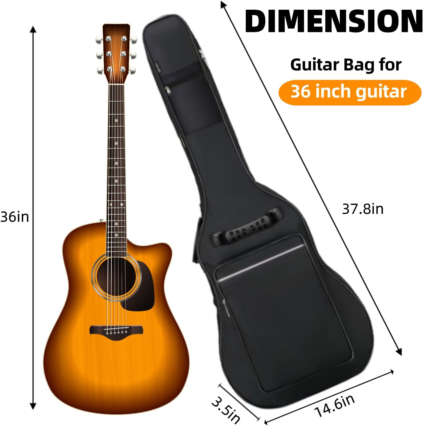 3/4 Size 36 Inch Acoustic Guitar Case Soft, Acoustic Guitar Bag 0.3 Inch Thicken Sponge Padded, Waterproof Gig Bag