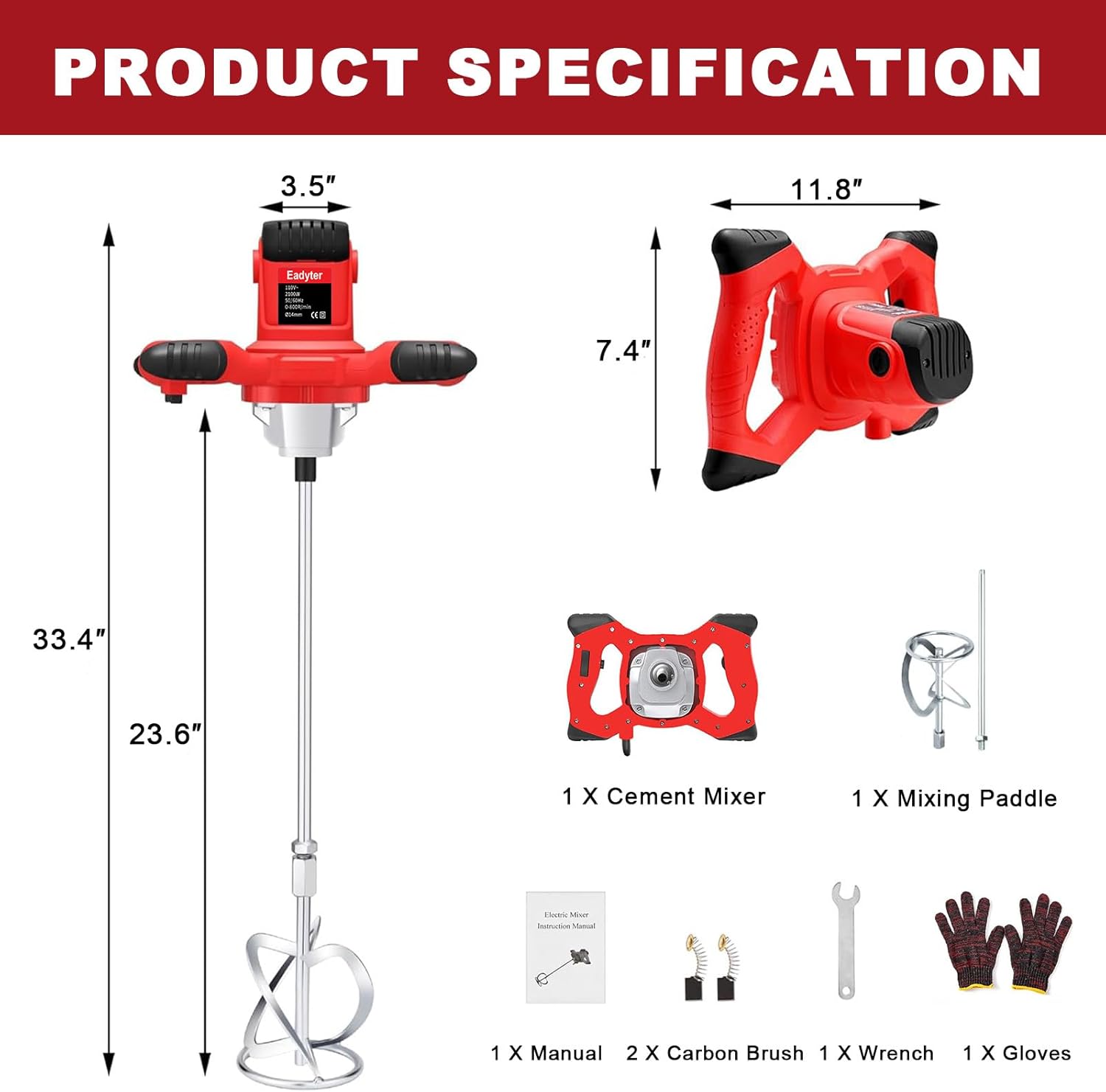 Cement Mixer 2100W, Handheld Electric Concrete Mixer, Portable Mortar Mixer with 6 Adjustable Speed, 110V Mud Mixer