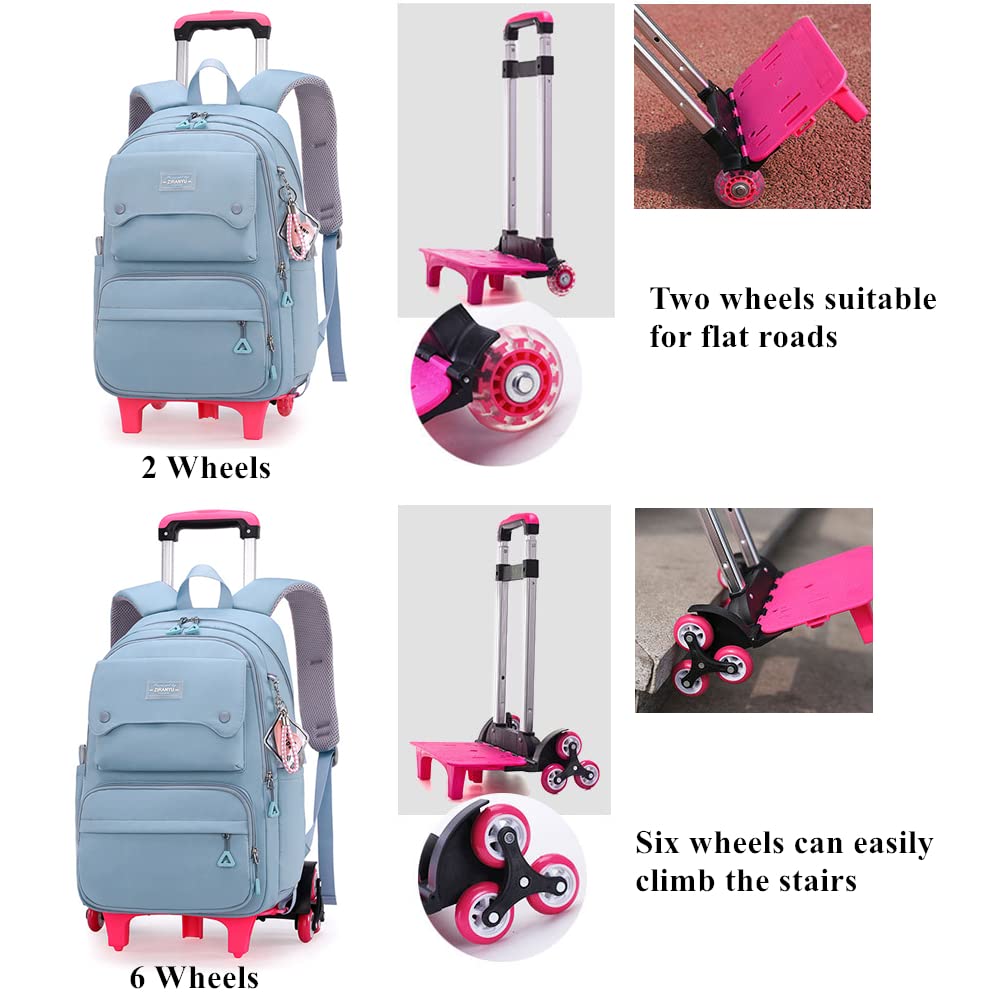 Solid Color Girls Rolling Backpack with Wheels Schoolbag Elementary School Student Trolley Daypack