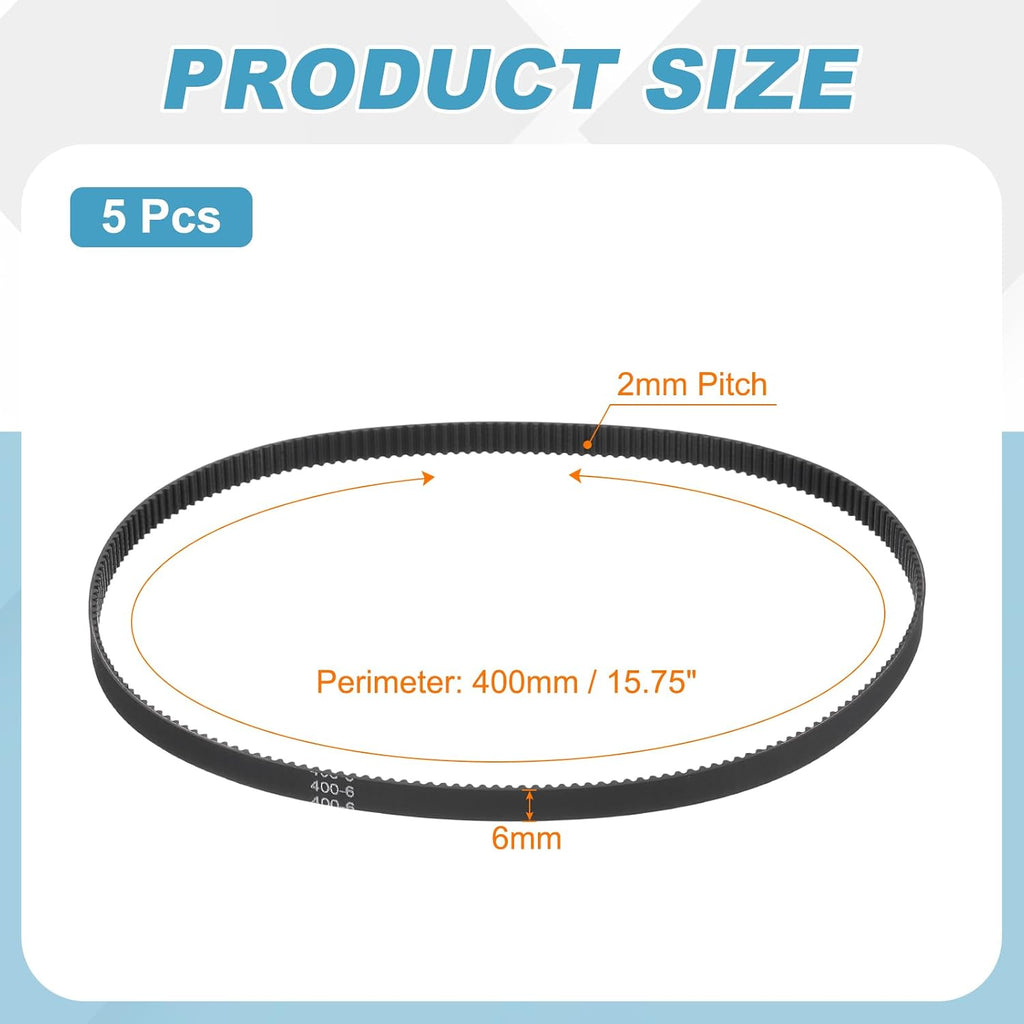 MECCANIXITY 400mm GT-2 Timing Belt 6mm Width 2mm Pitch Black 5pcs