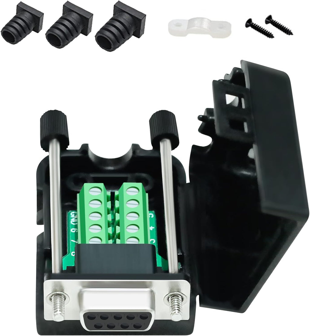 DTECH DB9 Breakout Connector DB-9 Female RS232 Serial Adapter Solderless Module Board with Screw Terminals Block, Case, Long Bolts and Tail Pipes (DB9 + Bolts), black (DT-9001)