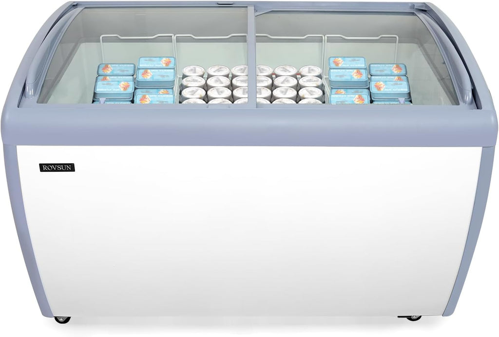 12.7 Cu.Ft Commercial Ice Cream Freezer, 50" Chest Freezer Glass Top Display Case w/Removable Baskets Lockable Wheels