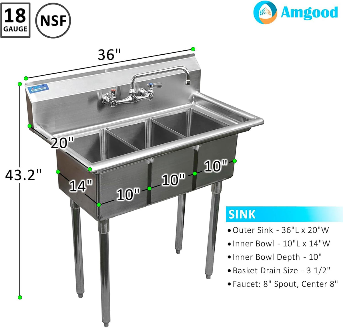 Stainless Steel Sink - 3 Compartment Sink 10"x14"x10" with Legs and Faucet | Utility | Commercial | Laundry | Kitchen