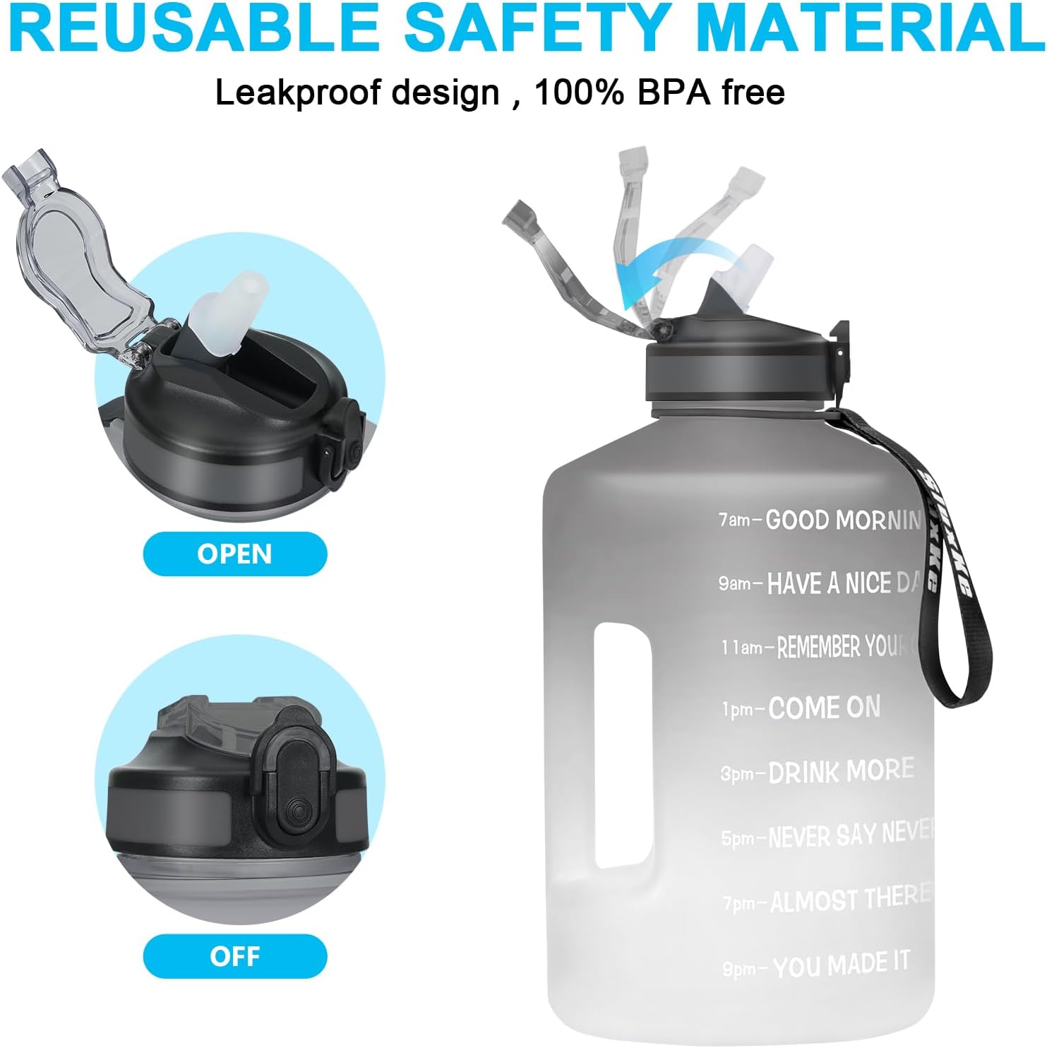 1 Gallon Motivational Sports Water Bottle with Time Marker, BPA Free 128oz Leak Proof Jug, Black, Plastic, 128