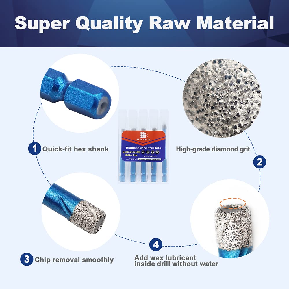 Diamond Drill Bit - BRSCHNITT 1/4 inch Masonry Drill Bits Set for Porcelain Tile Ceramic Stone Granite Marble,Hex