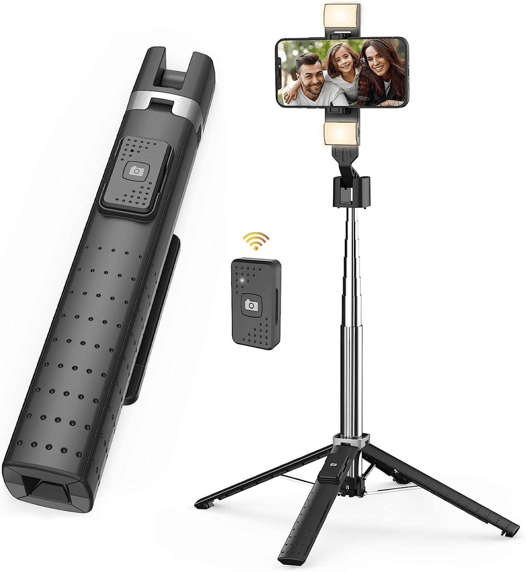 41” Selfie Stick Tripod Quadrapod with 2 Rechargeable Fill Light, Extendable Tripod with Bluetooth Remote, Stainless