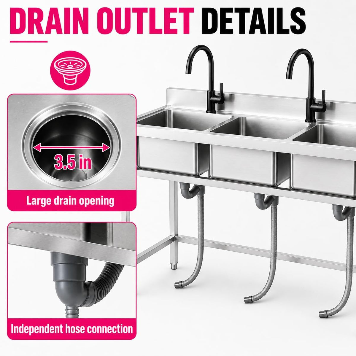 Small 3 Compartment Sink, 304 Stainless Steel Commercial Sink