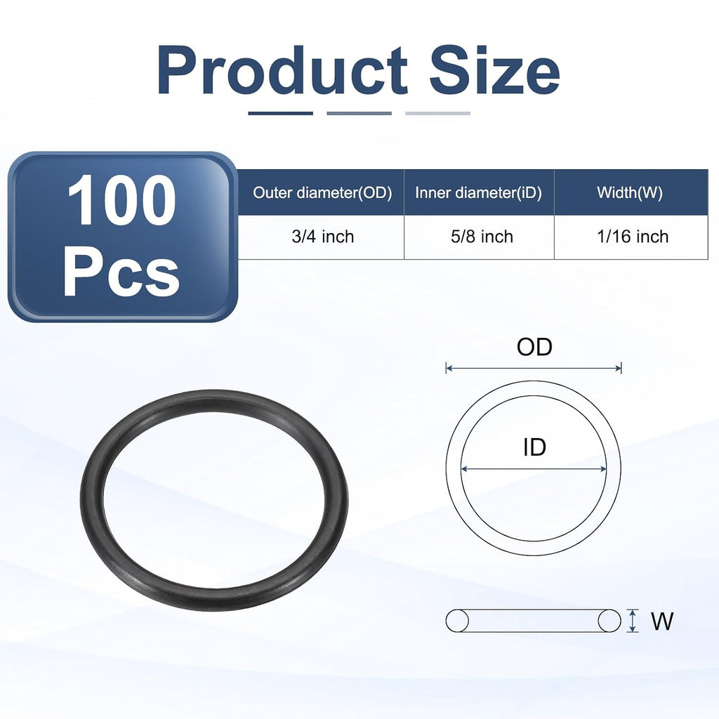 uxcell 100Pcs AS-016 Nitrile Rubber O-Rings 5/8" ID, 3/4" OD, 1/16" W (90D)