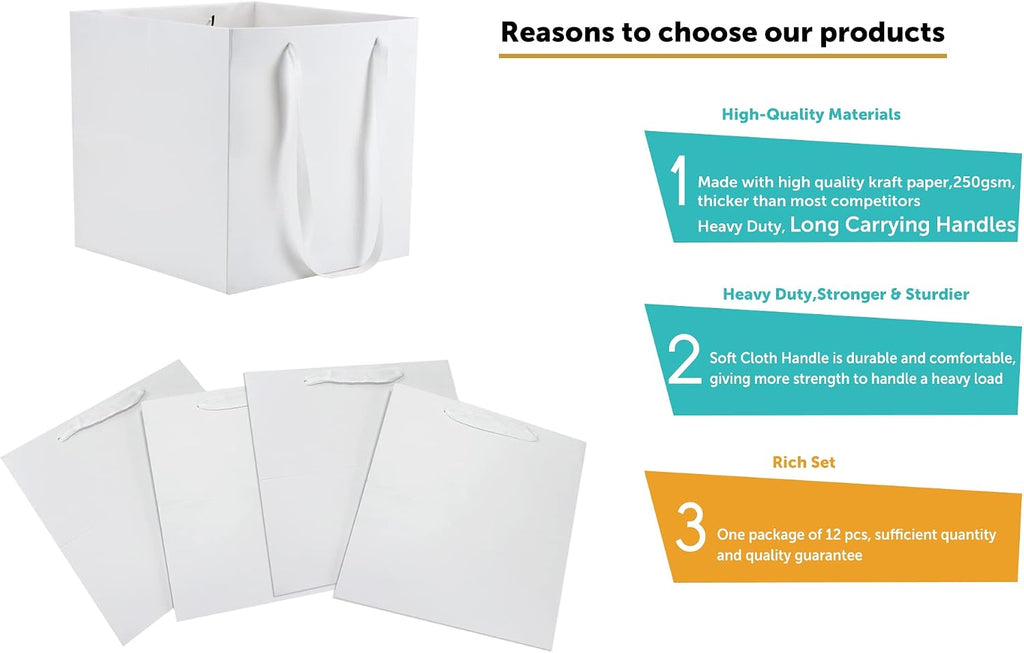 Large White Gift Bags with Handles, 12 Pack, 10x10x10 IN