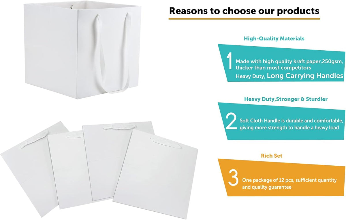 Large White Gift Bags with Handles, 12 Pack, 10x10x10 IN