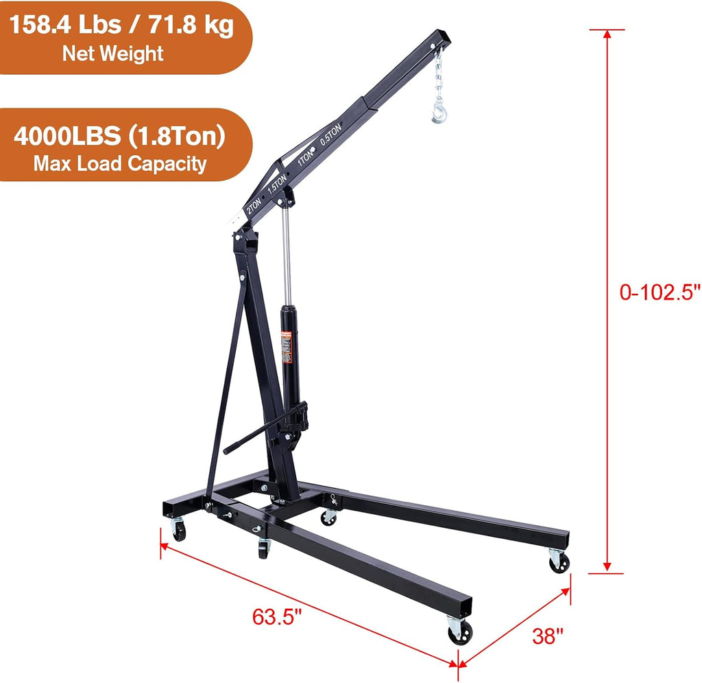 2 Ton Cherry Picker Engine Hoist, Heavy Duty Folding Engine Stand with 6 Iron Caster Wheels, Durable Engine Lift