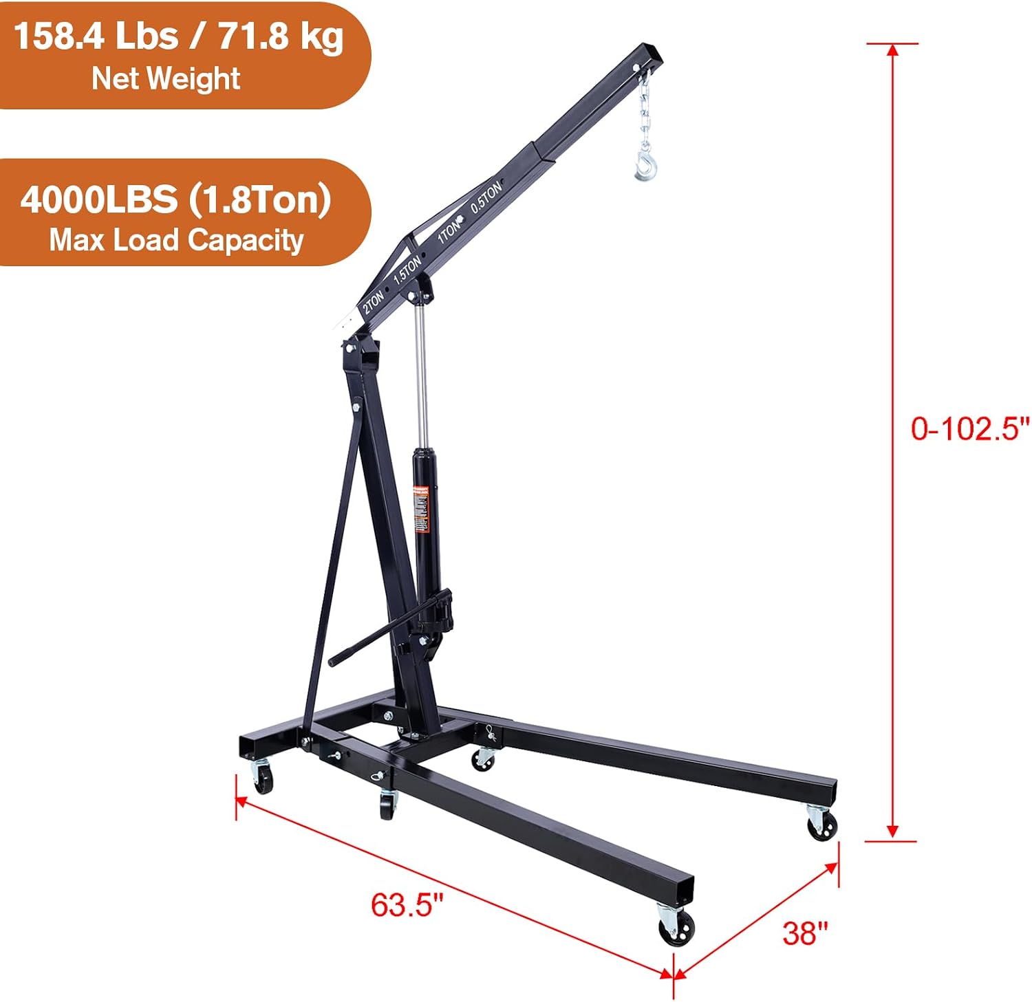 2 Ton Cherry Picker Engine Hoist, Heavy Duty Folding Engine Stand with 6 Iron Caster Wheels, Durable Engine Lift