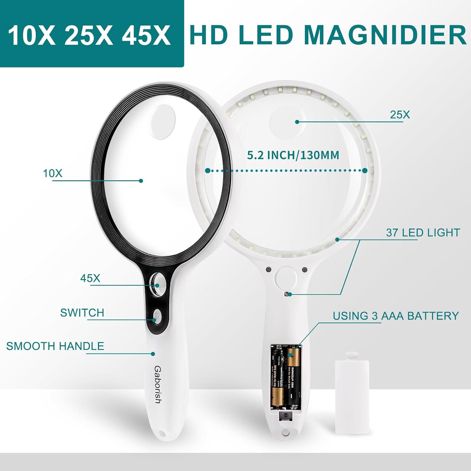 Large Magnifying Glass with 37 LED Light and Case, 10X 20X 45X Handheld Illuminated Lighted Magnifier with 3 Light