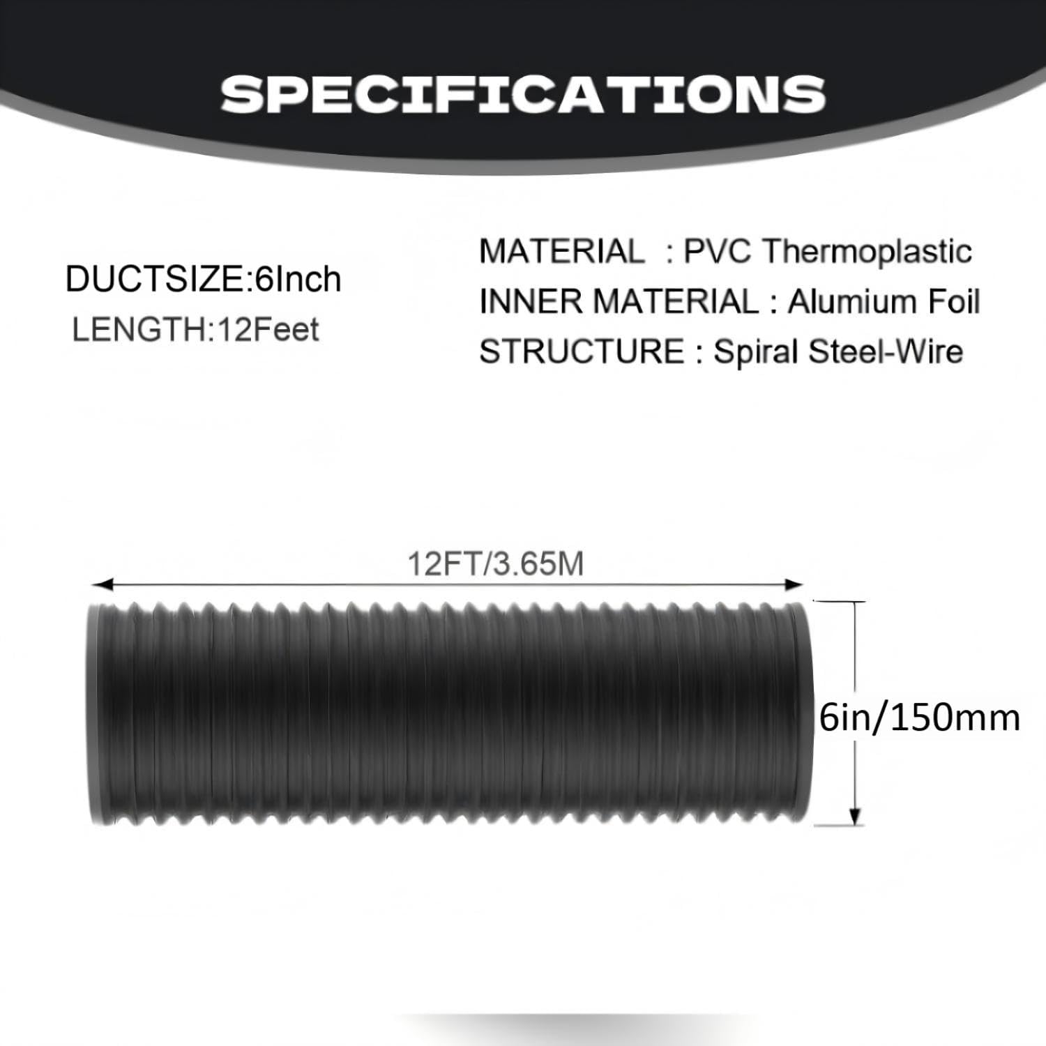 6 inch 12 feet Flexible Aluminum Ducting 4 Layer Protection Dryer Vent Hose for HVAC Heating Cooling Ventilation and