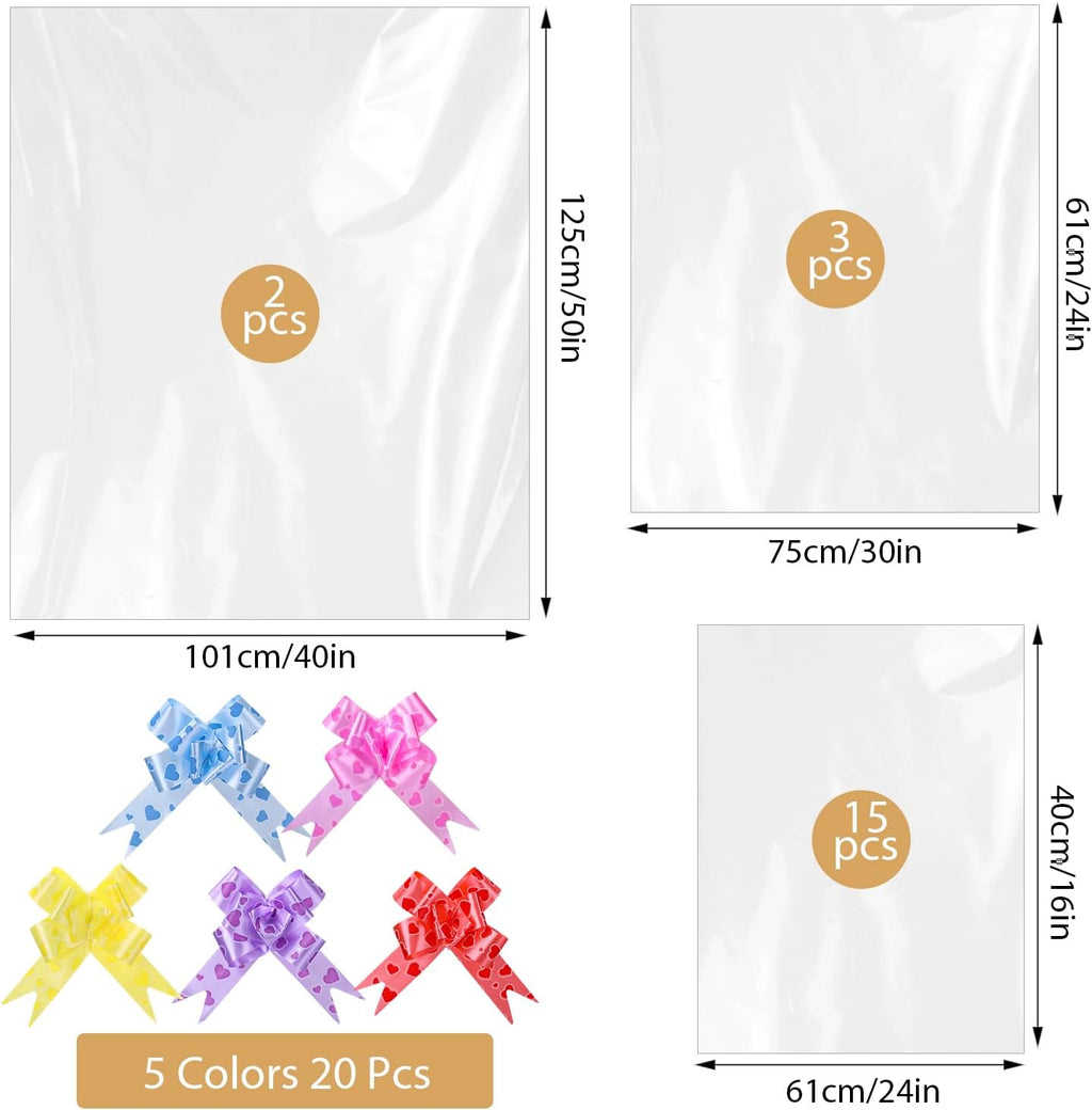 3 Size Clear Cellophane Gift Bags 40x50 24x30 16x24in with Pull Bows