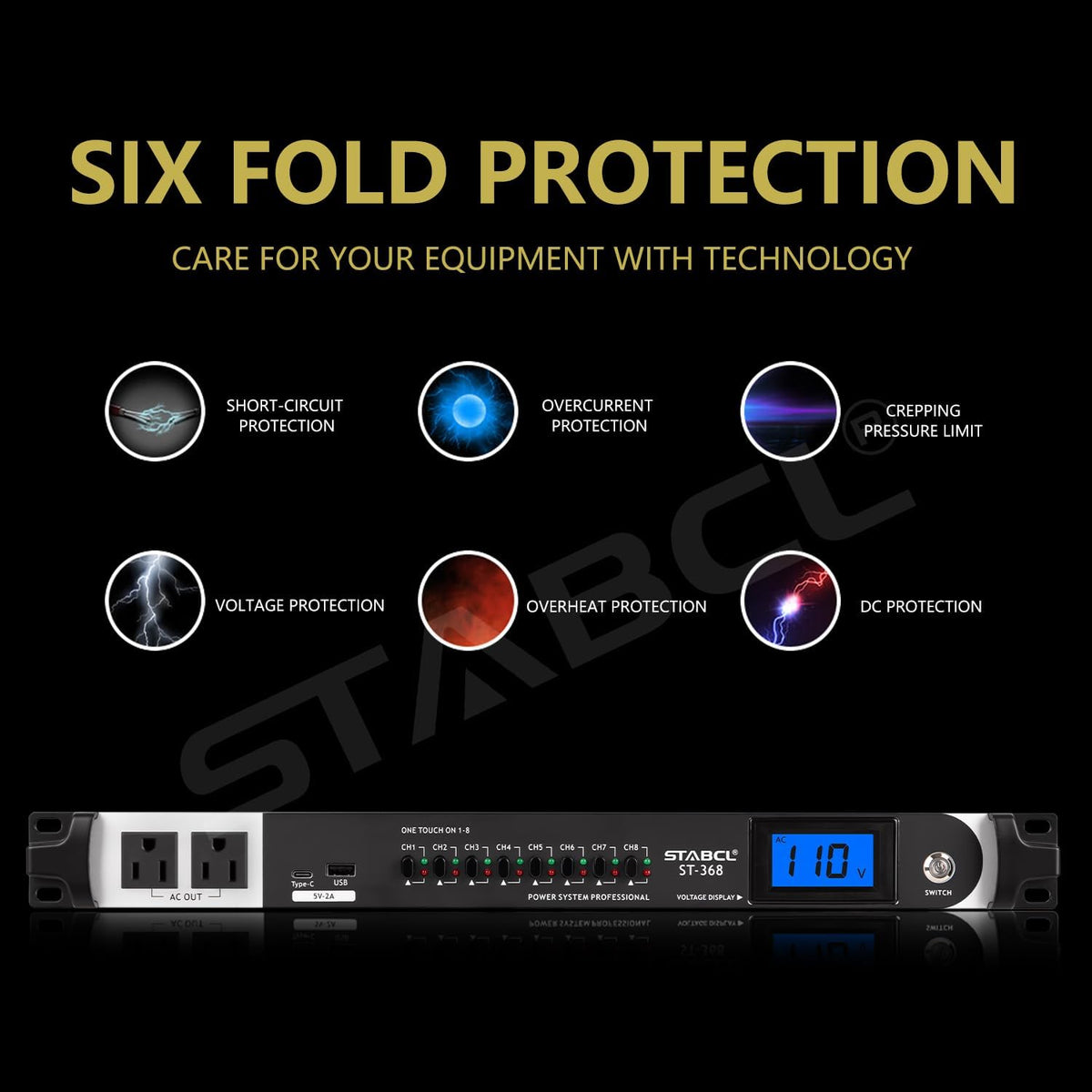 Professional 10 Socket Power Conditioner/Surge Sequencer with USB and Type-C Charger.3300W Rack Mount Audio Power