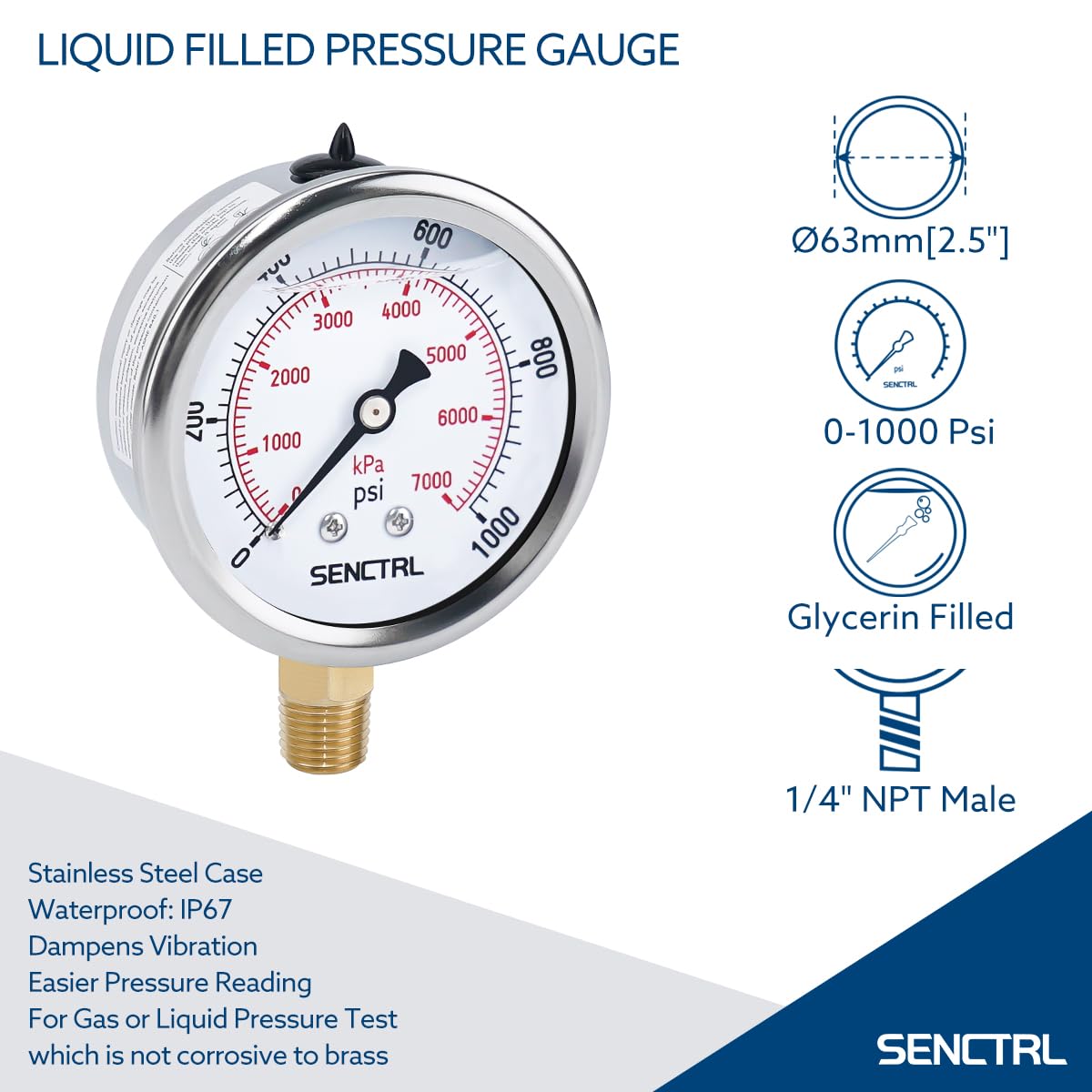SENCTRL 0-1000 Psi Liquid Filled Pressure Gauge, 1/4" NPT Lower Mount