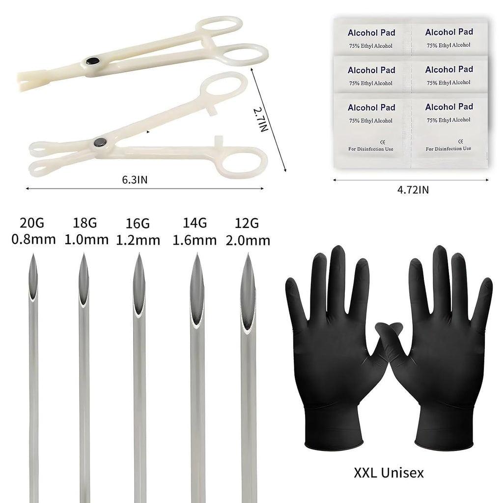 Piercing Kit -39Pcs Body Piercing Practice Kit with Silicone Ear & Nose Model - 25 Mixed Hollow Needles (12G-20G)
