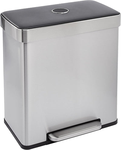 Dual Compartment Recycling Trash Can with Soft-Close Lid, Fingerprint Resistant, Removable Liner Buckets, 60 Liters