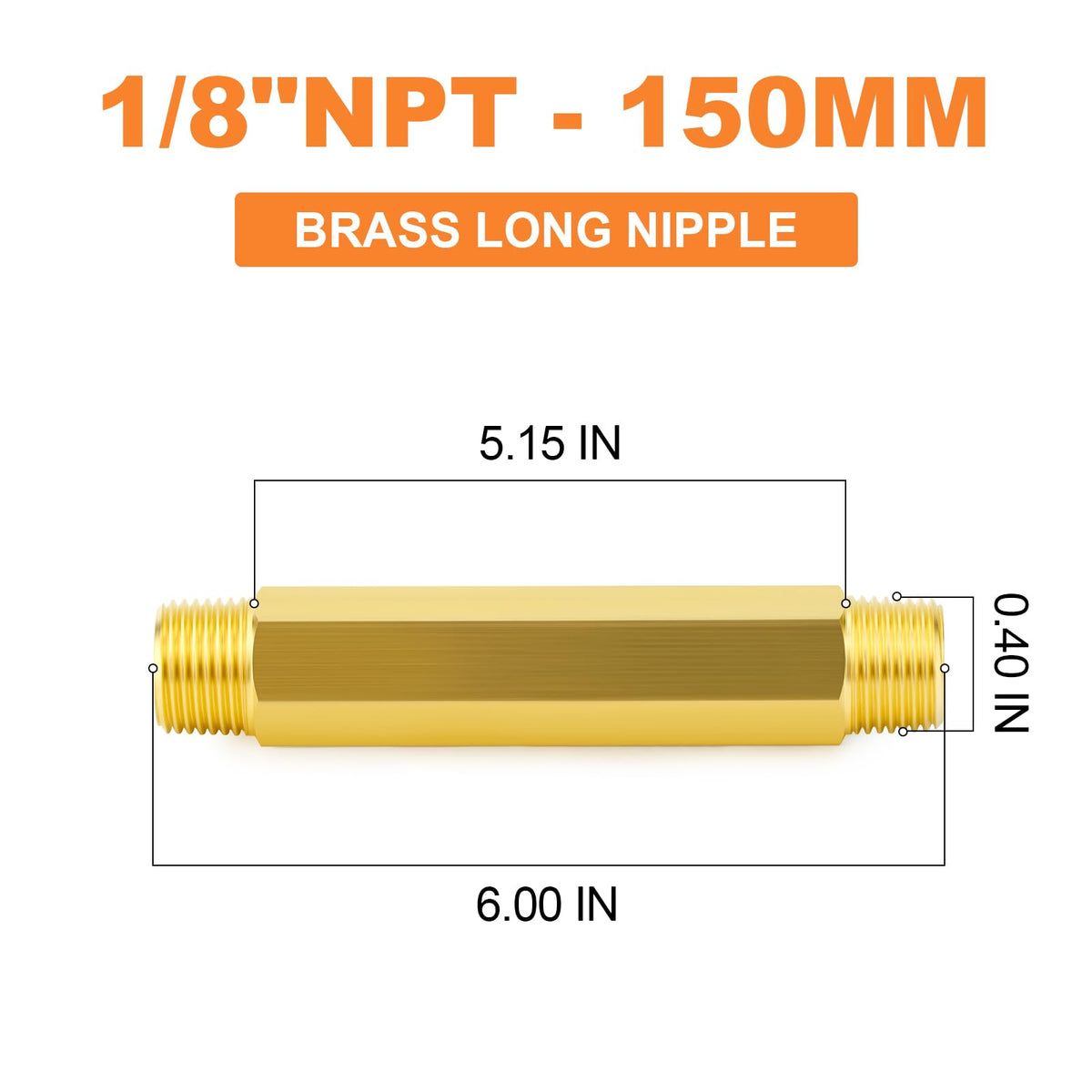 GASHER 5PCS 1/8" MNPT Brass Long Nipple 6" Length Pipe Fitting