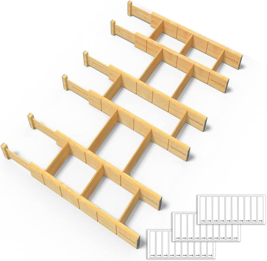Bamboo Drawer Dividers with Inserts and Labels, Kitchen Adjustable Drawer Organizers, Expandable Organization for