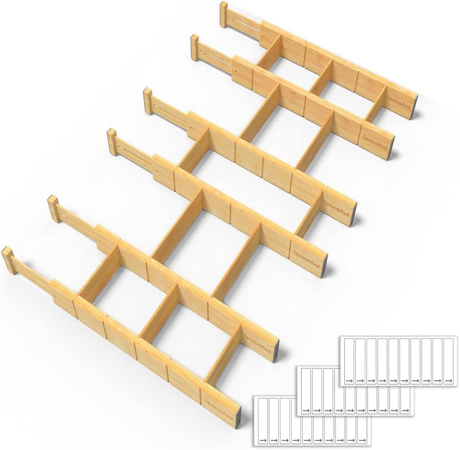 Bamboo Drawer Dividers with Inserts and Labels, Kitchen Adjustable Drawer Organizers, Expandable Organization for