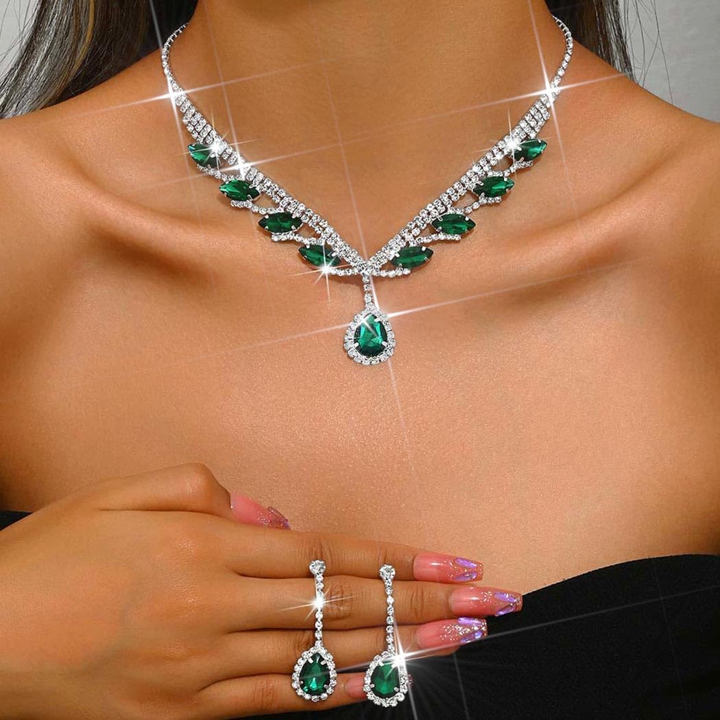 Rhinestone Bridal Wedding Jewelry Set Silver Necklace Earrings Sets Formal Prom Costume Jewelry Sets for Women and