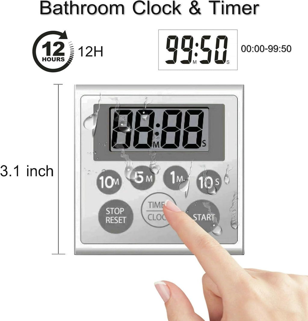 Digital Timer Waterproof Shower Timer Shower Clock Bathroom Kitchen Timer with Strong Magnet and Large LCD Display