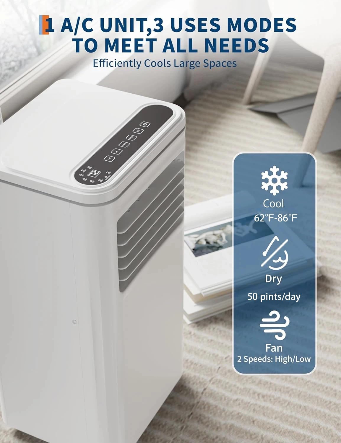 8,000 BTU AC Unit, 3-in-1 Portable Air Conditioner with Cooling, Dehumidifier & Fan for Rooms up to 350 sq.ft, Remote