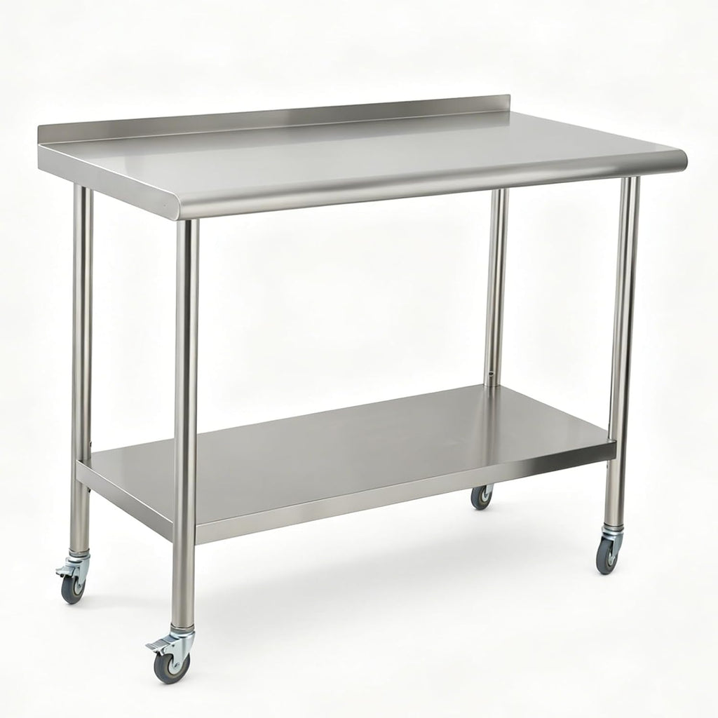 Stainless Steel Curved Edge Work Table 48 inch Double Layer with Backsplash & Casters, Heavy Duty Commercial Prep