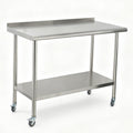 Stainless Steel Curved Edge Work Table 48 inch Double Layer with Backsplash & Casters, Heavy Duty Commercial Prep