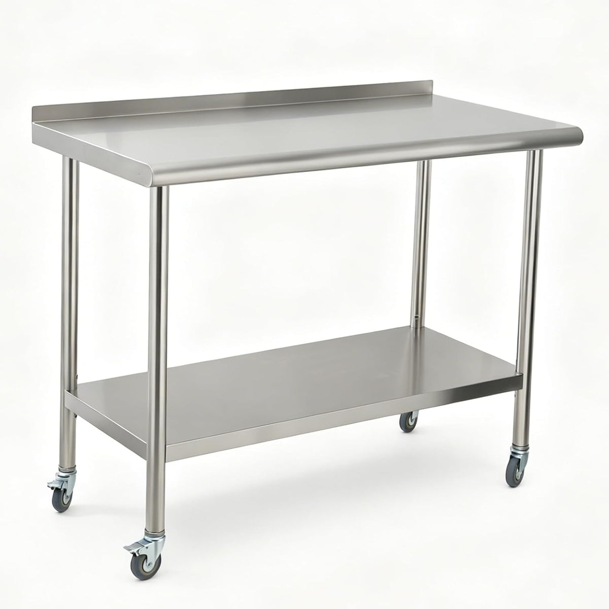 Stainless Steel Curved Edge Work Table 48 inch Double Layer with Backsplash & Casters, Heavy Duty Commercial Prep