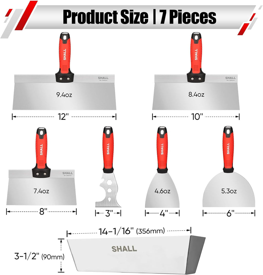 Drywall Tool Kit, 7 Pcs Stainless Steel Set Includes Putty Knife, Taping Knife, Painter Scraper Tool & 12" Mud Pan