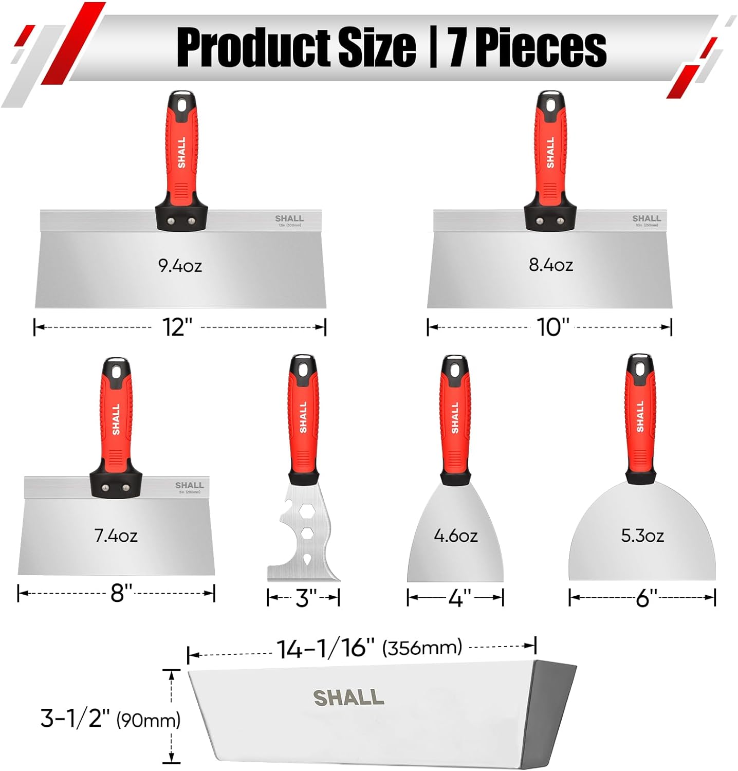 Drywall Tool Kit, 7 Pcs Stainless Steel Set Includes Putty Knife, Taping Knife, Painter Scraper Tool & 12" Mud Pan