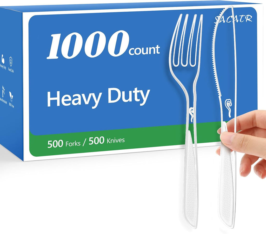 1000 Count Plastic Silverware Heavy Duty -500 Forks, 500 Knives