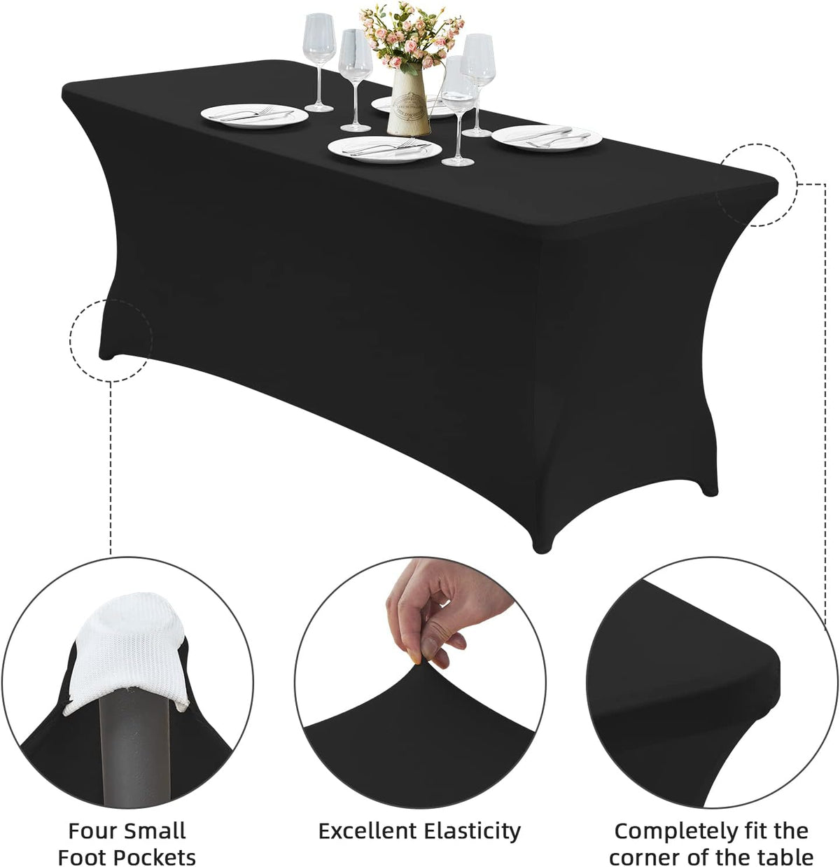 6FT Stretch Spandex Fitted Tablecloth,Rectangular Table Cover,Black