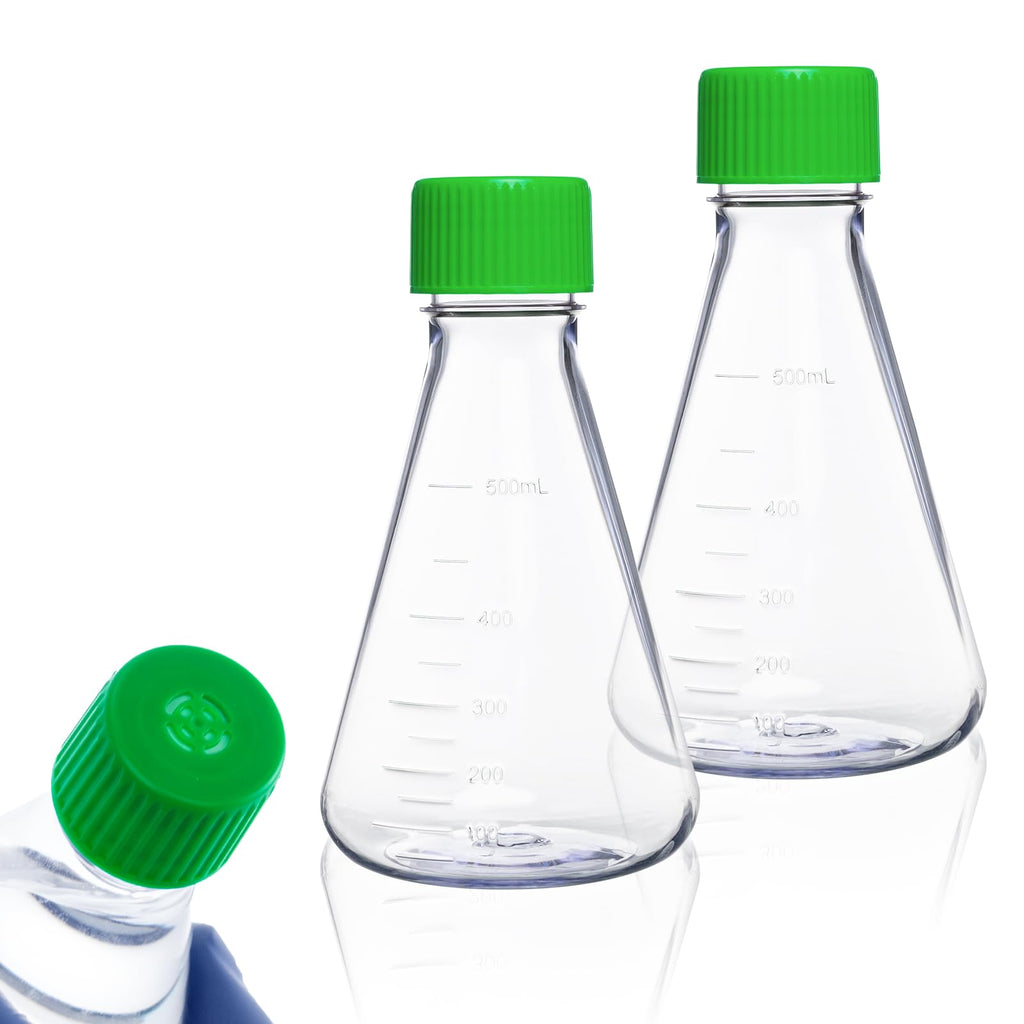 500ml Erlenmeyer Flask, Sterile, Vent Cap, Flat Bottom, PC, 2Pcs